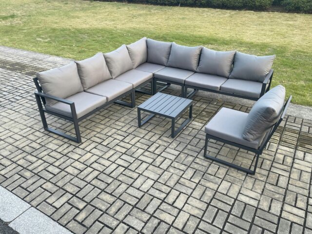 Rackhams 8 Seater Patio Outdoor Garden Furniture Aluminium Lounge Corner Sofa Set with Square Coffee Table Dark Grey