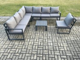 Rackhams 8 Seater Patio Outdoor Garden Furniture Aluminium Lounge Corner Sofa Set with Square Coffee Table Dark Grey - thumbnail 2