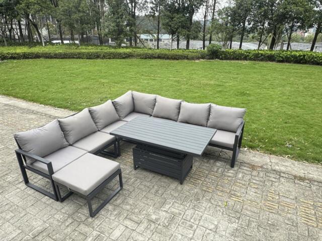 Rackhams 8 Seater Aluminium Outdoor Garden Furniture Set with Rising Dining Table - Dark Grey