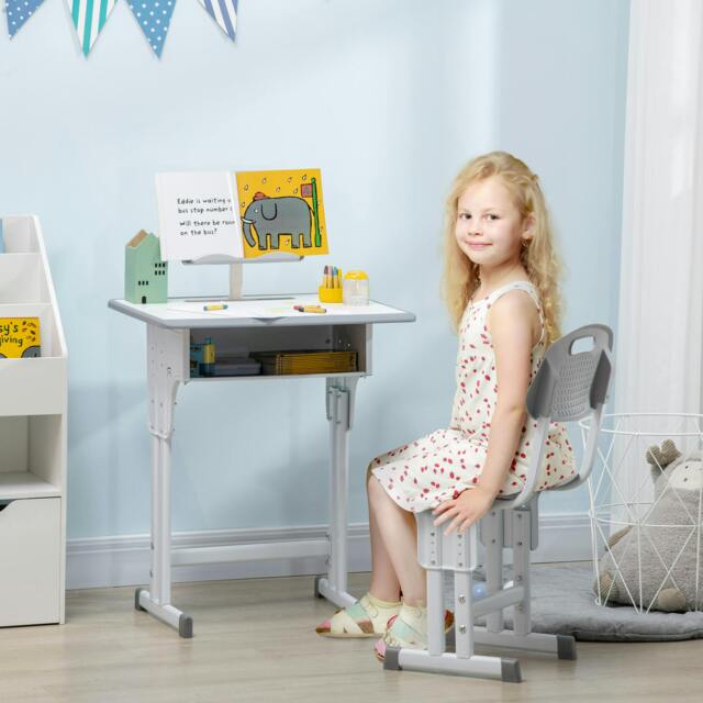 Rackhams Kids Desk and Chair Set Adjustable Height Study Table Set w/ Drawer, Book Stand, Pen Slot - Grey - image 1