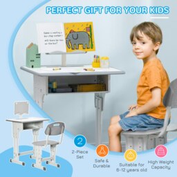 Rackhams Kids Desk and Chair Set Adjustable Height Study Table Set w/ Drawer, Book Stand, Pen Slot - Grey - thumbnail 3