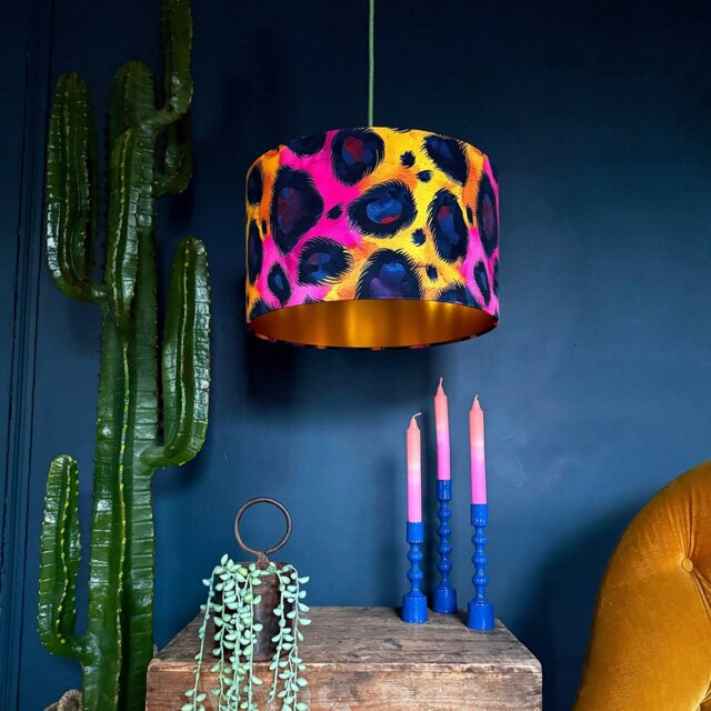 "Rackhams Electric Leopard Velvet Lampshade with Gold Lining - Table / Floor Lamp - 30cm diameter x 20cm height (12"" x 8"")" - image 1