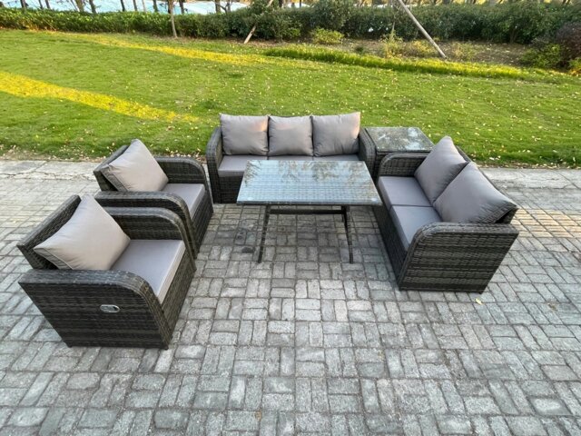 Rackhams 7 Seater High Back PE Rattan Sofa Set Outdoor Garden Furniture Dining Table Set With Reclining Chair 3 Seater Sofa Love Sofa Side Table - image 1