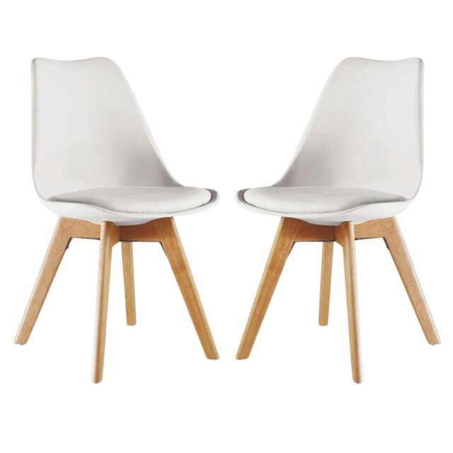 Rackhams Set of 2 Scandinavian Dining Chairs with Leather Cushions Solid Wood Legs - Plastic - White - Retro
