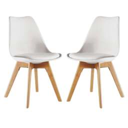 Rackhams Set of 2 Scandinavian Dining Chairs with Leather Cushions Solid Wood Legs - Plastic - White - Retro - thumbnail 1