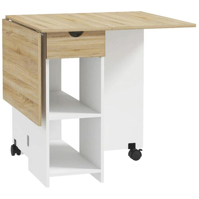 Rackhams Folding Dining Table, Drop Leaf Table for Small Spaces, Foldable Table with Drawer and Storage Shelves for Kitchen, Dining Room, Oak - image 1