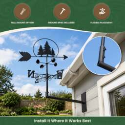 Rackhams Trees Weathervane with Wind Speed Indicator Cups, All-Steel Black Finish, Wall Mount Fixings and 1.7m Ground Spike Option - thumbnail 4