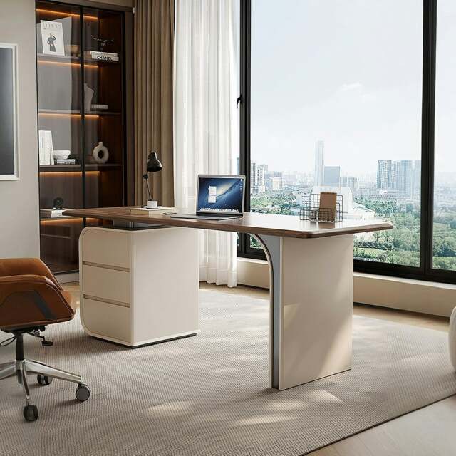 Rackhams Ahn Office Desk With Storage, Walnut & Cream - 180 x 70cm - image 1