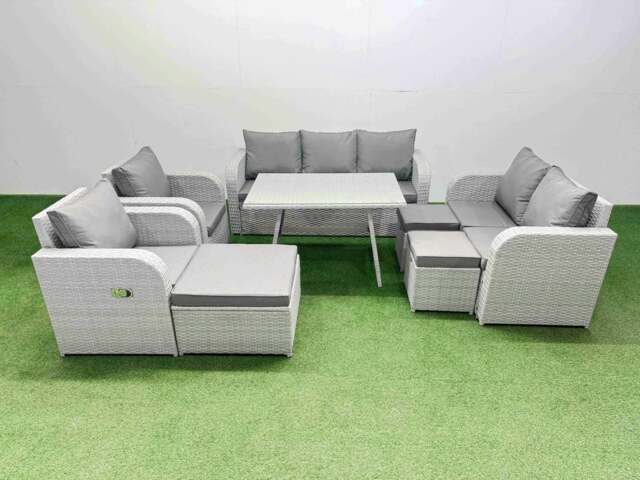 Rackhams PE Rattan Garden Furniture Set Outdoor Rectangular Dining Table Sofa Set with Reclining Chair 3 Stool Light Grey - image 1