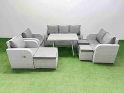 Rackhams PE Rattan Garden Furniture Set Outdoor Rectangular Dining Table Sofa Set with Reclining Chair 3 Stool Light Grey - thumbnail 1