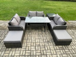Rackhams Outdoor Rattan Garden Furniture Lounge Sofa Set With Oblong Rectangular Dining Table 2 Big Footstool Side Table - thumbnail 1
