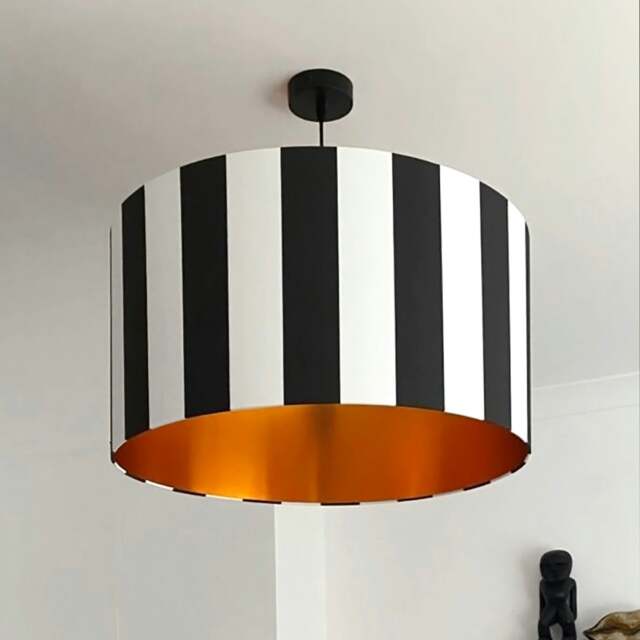 "Rackhams Beetlejuice Black and White Striped Lampshade With Copper Foil Lining - 30cm Diameter x 30cm Height / (12"" x 12"")" - image 1