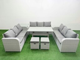 Rackhams PE Rattan Lounge Sofa Set 11 Seater Outdoor Garden Furniture Set with Rectangular Dining Table 3 Seater Sofa 2 Stools Side Table Light Grey - thumbnail 1