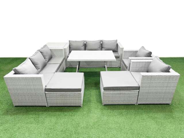 Rackhams 10 Seater Garden Furniture Set PE Rattan Garden Sofa Set with Rectangular Dining Table 2 Big Stool Side Table Light Grey - image 1