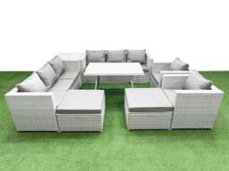 Rackhams 10 Seater Garden Furniture Set PE Rattan Garden Sofa Set with Rectangular Dining Table 2 Big Stool Side Table Light Grey - thumbnail 1