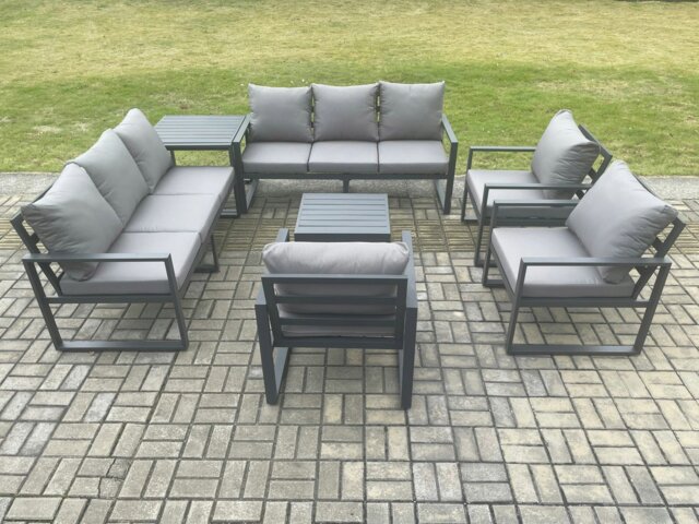 Rackhams Aluminium Outdoor Garden Furniture Set Patio Lounge Sofa with Square Coffee Table 3 Armchairs Side Table Dark Grey - image 1