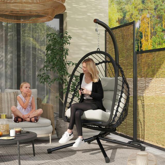 Rackhams PE Hanging Swing Chair w/ Thick Cushion, Patio Hanging Chair, Black - Black - image 1