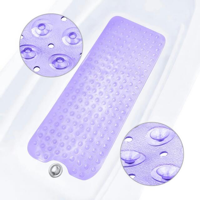 Rackhams Bath Mat Non Slip, 100 x 40cm Extra Long Shower Mat with Suction Cups and Drain Holes - Purple - image 1
