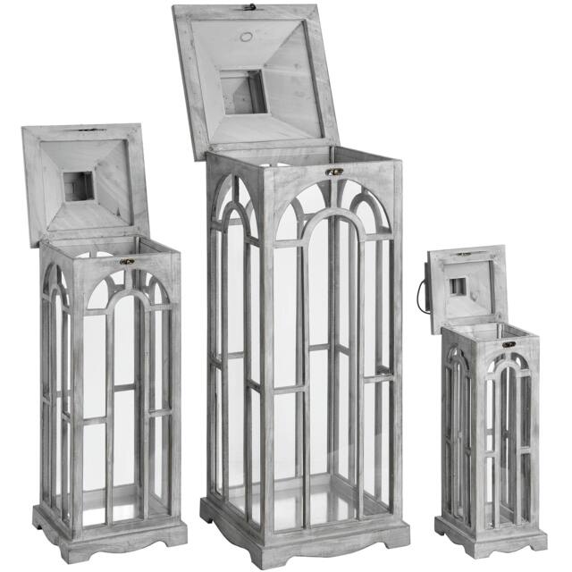 Rackhams Archway Design Wooden Candle Lanterns (Set Of 3) - Grey - Grey - One Size - 34% Metal/33% Wood/33% Glass - image 1