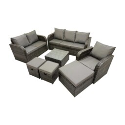 Rackhams 3 Seater Sofa Reclining Chair Coffee Table Set Rattan Garden Outdoor Furniture Set with 3 Stool Dark Grey Mixed - thumbnail 2