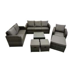 Rackhams 3 Seater Sofa Reclining Chair Coffee Table Set Rattan Garden Outdoor Furniture Set with 3 Stool Dark Grey Mixed - thumbnail 1