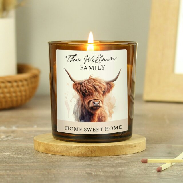 Rackhams Personalised Highland Cow Amber Glass Candle - image 1