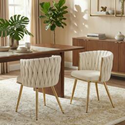 Rackhams Upholstered Kitchen Chairs Set of 2 with Woven Backrest - Velvet - White - Set of 2