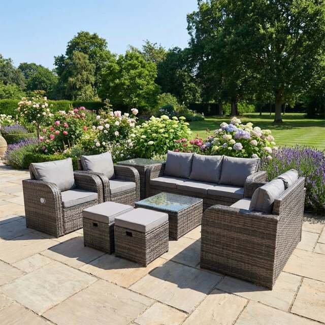 Rackhams 9 Seater Rattan Garden Outdoor Furniture Set with 2 Reclining Chairs, Coffee Table, Side Table & 2 Stools - Dark Grey Mixed - image 1