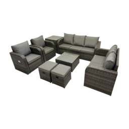 Rackhams 9 Seater Rattan Garden Outdoor Furniture Set with 2 Reclining Chairs, Coffee Table, Side Table & 2 Stools - Dark Grey Mixed - thumbnail 4