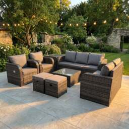 Rackhams 9 Seater Rattan Garden Outdoor Furniture Set with 2 Reclining Chairs, Coffee Table, Side Table & 2 Stools - Dark Grey Mixed - thumbnail 2