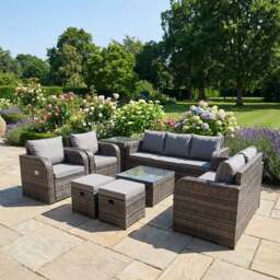 Rackhams 9 Seater Rattan Garden Outdoor Furniture Set with 2 Reclining Chairs, Coffee Table, Side Table & 2 Stools - Dark Grey Mixed - thumbnail 1
