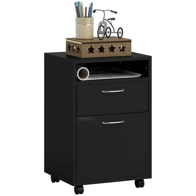 Rackhams 60cm Filing Cabinet with Drawer, Open Shelf, Metal Handles and 4 Wheels, Office Home Organiser Mobile Printer, Black - image 1