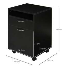 Rackhams 60cm Filing Cabinet with Drawer, Open Shelf, Metal Handles and 4 Wheels, Office Home Organiser Mobile Printer, Black - thumbnail 3