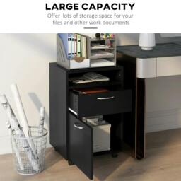 Rackhams 60cm Filing Cabinet with Drawer, Open Shelf, Metal Handles and 4 Wheels, Office Home Organiser Mobile Printer, Black - thumbnail 4