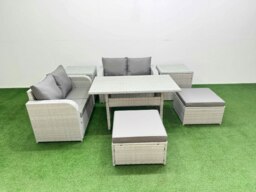 Rackhams 6 Seater Outdoor Love Sofa Set Rattan Garden Furniture Set with Rectangular Dining Table 2 Footstool 2 Side Tables Light Grey - thumbnail 1