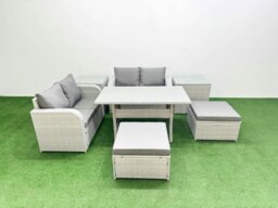 Rackhams 6 Seater Outdoor Love Sofa Set Rattan Garden Furniture Set with Rectangular Dining Table 2 Footstool 2 Side Tables Light Grey - thumbnail 2