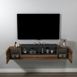 Rackhams Morica Floating TV Stand with Shelves and Cabinets - Atlantic Pine & Beige - thumbnail 5