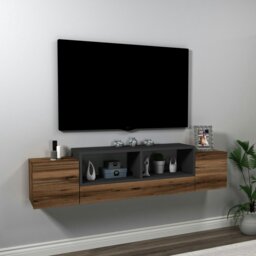 Rackhams Morica Floating TV Stand with Shelves and Cabinets - Atlantic Pine & Beige - thumbnail 4