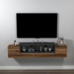 Rackhams Morica Floating TV Stand with Shelves and Cabinets - Atlantic Pine & Beige - thumbnail 2