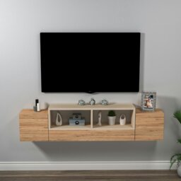 Rackhams Morica Floating TV Stand with Shelves and Cabinets - Atlantic Pine & Beige - thumbnail 3