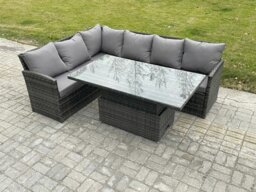Rackhams Wicker PE Outdoor Rattan Garden Furniture Set Height Adjustable Rising Lifting Table Sofa Dining Set with Dark Grey Mixed - thumbnail 1