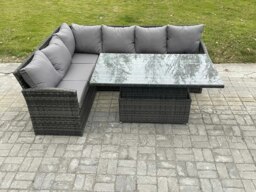 Rackhams Wicker PE Outdoor Rattan Garden Furniture Set Height Adjustable Rising Lifting Table Sofa Dining Set with Dark Grey Mixed - thumbnail 2