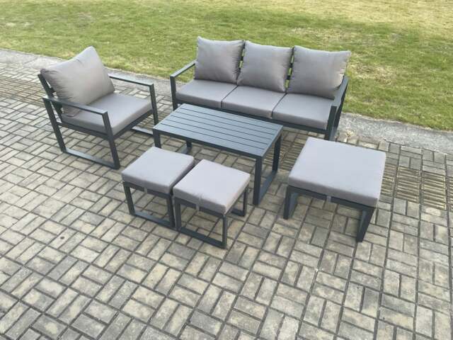 Rackhams Aluminium Outdoor Garden Furniture Set Patio Lounge Sofa with Oblong Coffee Table 3 Footstools Armchair Dark Grey - image 1