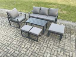 Rackhams Aluminium Outdoor Garden Furniture Set Patio Lounge Sofa with Oblong Coffee Table 3 Footstools Armchair Dark Grey - thumbnail 1