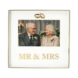 Rackhams Modern Shiny Gold Mr and Mrs Square Picture Frame with Double Diamante Rings