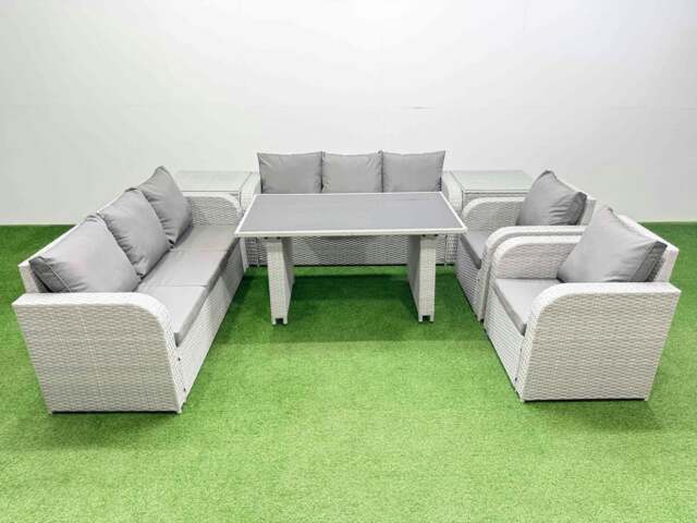 Rackhams 8 Seater Wicker PE Rattan Furniture Outdoor Dining Table 3 Seater Sofa Reclining Chair Set with 2 Side Tables Light Grey - image 1