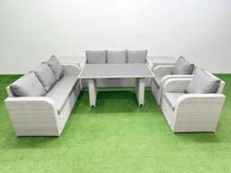 Rackhams 8 Seater Wicker PE Rattan Furniture Outdoor Dining Table 3 Seater Sofa Reclining Chair Set with 2 Side Tables Light Grey - thumbnail 1