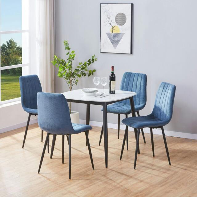 Rackhams Aspen Dining Set - White Sintered Stone Square Table & 4 Straight Stitch Dining Chairs - Blue - image 1