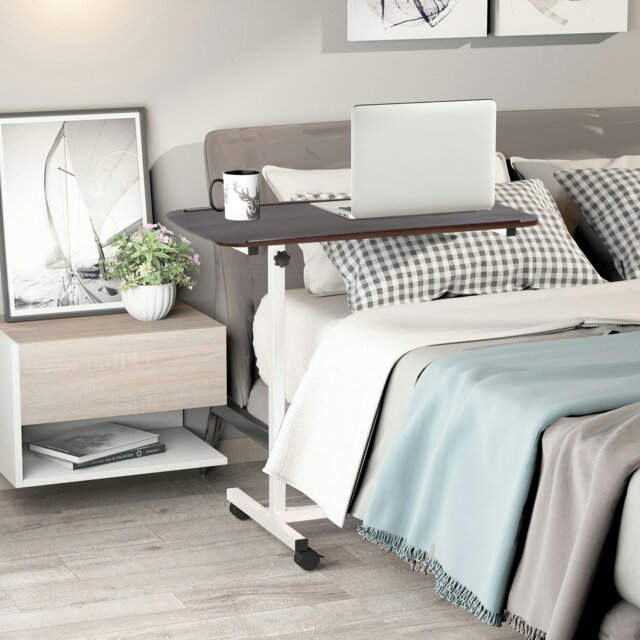 Rackhams C-Shaped Mobile Table Sofa Over Bed Side Nightstand w/ Casters - Brown - image 1