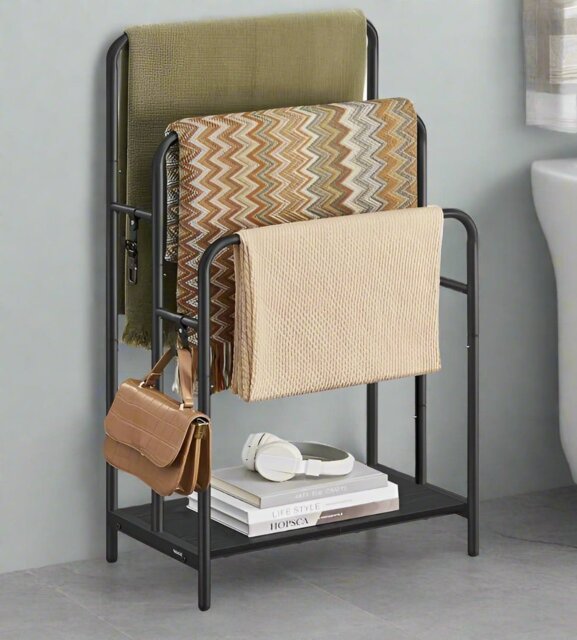 Rackhams Freestanding 3-Bar Towel Rack with Hooks & Storage Shelf, Ink Black, 50x30x100 cm - image 1